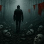Survivor walking through a forest of shattered narcissist masks and red flags, symbolising escaping narcissistic abuse when they can’t control you anymore