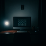 Dark home office setup used by a cyberstalker during online abuse
