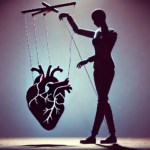 Silhouette of a manipulative figure controlling a heart-shaped puppet, representing emotional manipulation in toxic relationships for the dark triad personality
