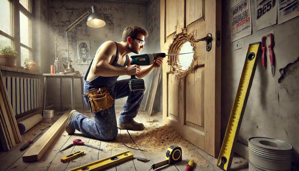 How Are Glory Holes in Bathrooms Made? Asking for a Curious Carpenter Man Drilling Hole in Door