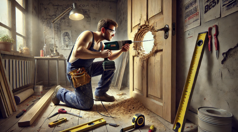 How Are Glory Holes in Bathrooms Made? Asking for a Curious Carpenter Man Drilling Hole in Door