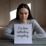 Woman reflecting while holding a notebook with the words 'I've been rethinking everything' a visual metaphor for psychological attraction.