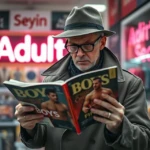 Gay Erotica Fox Emerson Post Creepy Man in Trenchcoat holding Boys Book in Adult Store