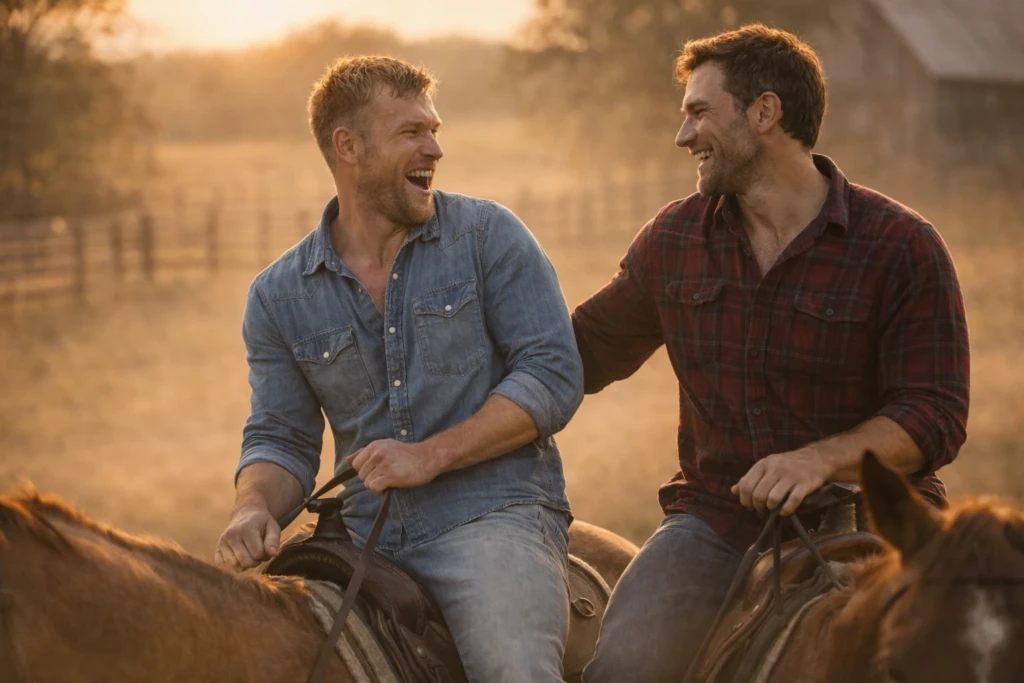 The Farmhand, Rodney and Levi on the farm on horses.