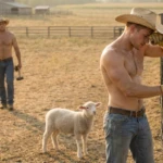 shirtless farmer with lamb in field, gay farm romance setting