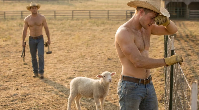shirtless farmer with lamb in field, gay farm romance setting