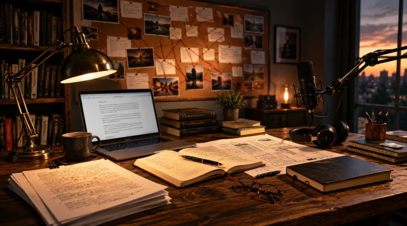 Fox Emerson Website New Image Desk with podcast and laptop